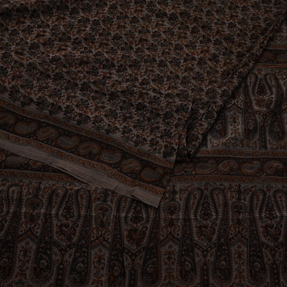 Indian Vintage Brown Saree Pure Crepe Silk Block Printed Sari 5yd Sewing Floral Soft Craft Fabric Wrap Dress Making Crafting Quilting