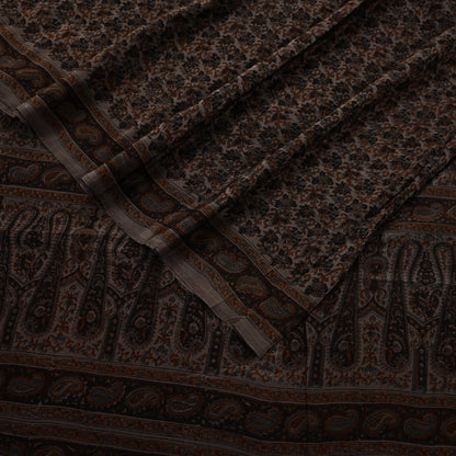 Indian Vintage Brown Saree Pure Crepe Silk Block Printed Sari 5yd Sewing Floral Soft Craft Fabric Wrap Dress Making Crafting Quilting