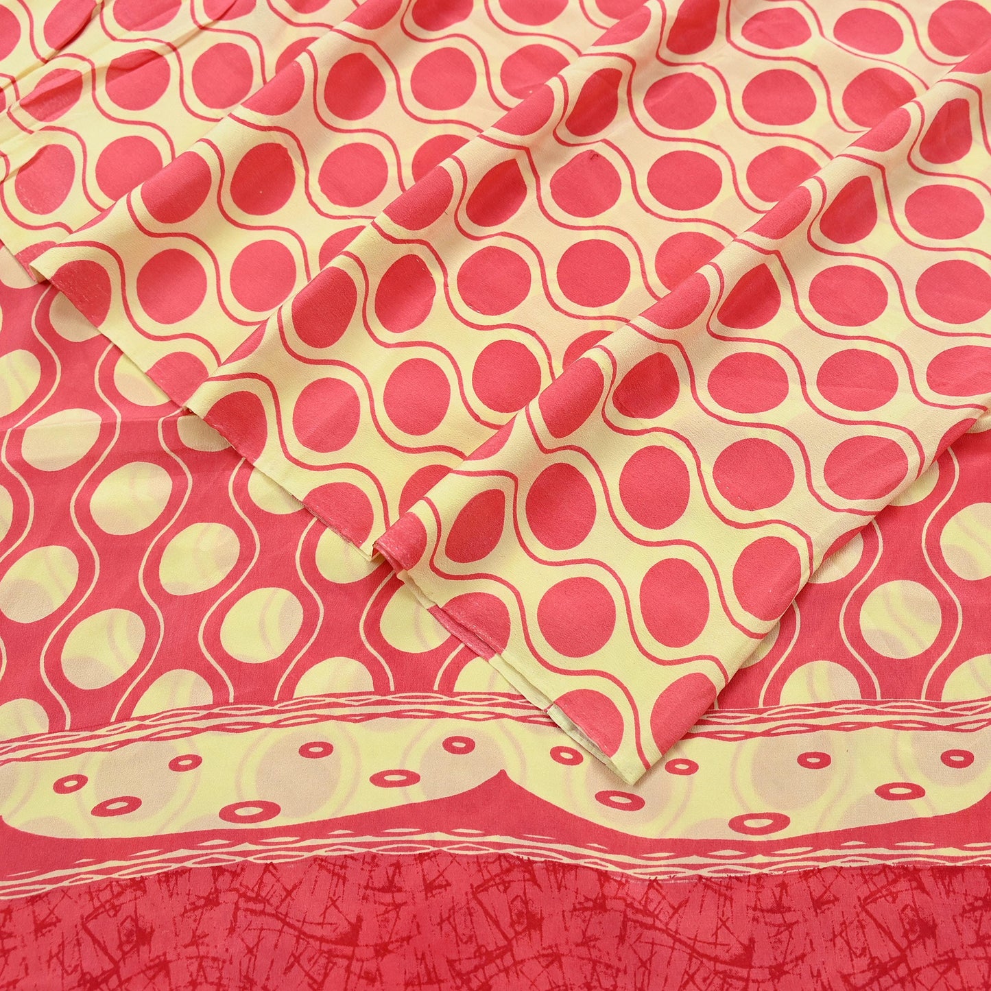 Indian Vintage Saree Yellow & Pink Pure Crepe Silk Printed Sari Fabric 5yd Sewing Soft Craft Fabric Wrap Dress making Quilting Upcycle