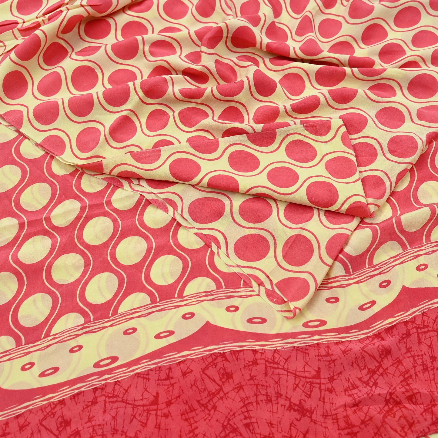 Indian Vintage Saree Yellow & Pink Pure Crepe Silk Printed Sari Fabric 5yd Sewing Soft Craft Fabric Wrap Dress making Quilting Upcycle