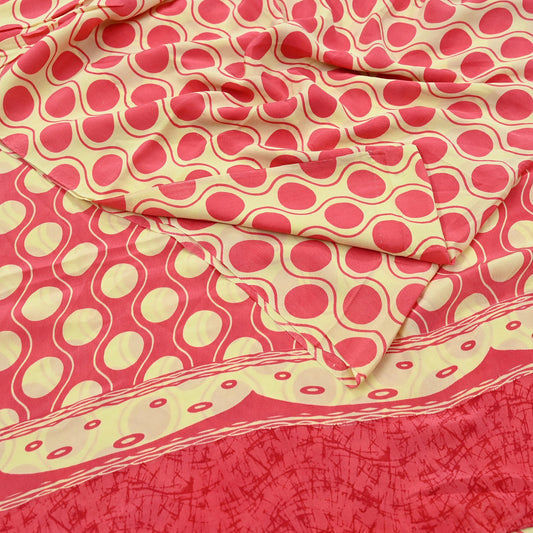 Indian Vintage Saree Yellow & Pink Pure Crepe Silk Printed Sari Fabric 5yd Sewing Soft Craft Fabric Wrap Dress making Quilting Upcycle