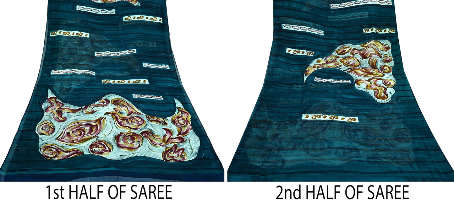 Women Vintage Sari Green Pure Georgette Silk Printed Saree Craft Fabric Sewing 6Yd Soft Light Dress Making Floral Quilting
