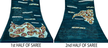 Women Vintage Sari Green Pure Georgette Silk Printed Saree Craft Fabric Sewing 6Yd Soft Light Dress Making Floral Quilting