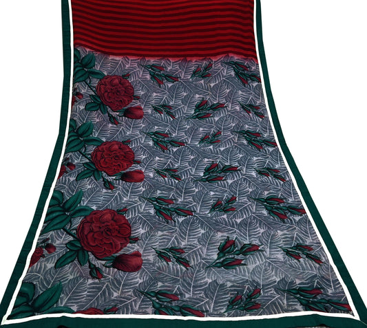 Women Vintage Sari Red & Gray Pure Georgette Silk Printed Saree Craft Fabric Sewing 5Yard Soft Light Dress Making Floral Quilting Crafting