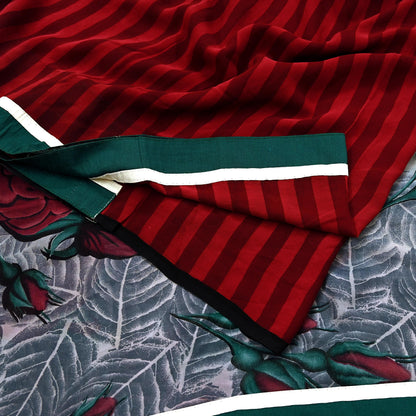 Women Vintage Sari Red & Gray Pure Georgette Silk Printed Saree Craft Fabric Sewing 5Yard Soft Light Dress Making Floral Quilting Crafting