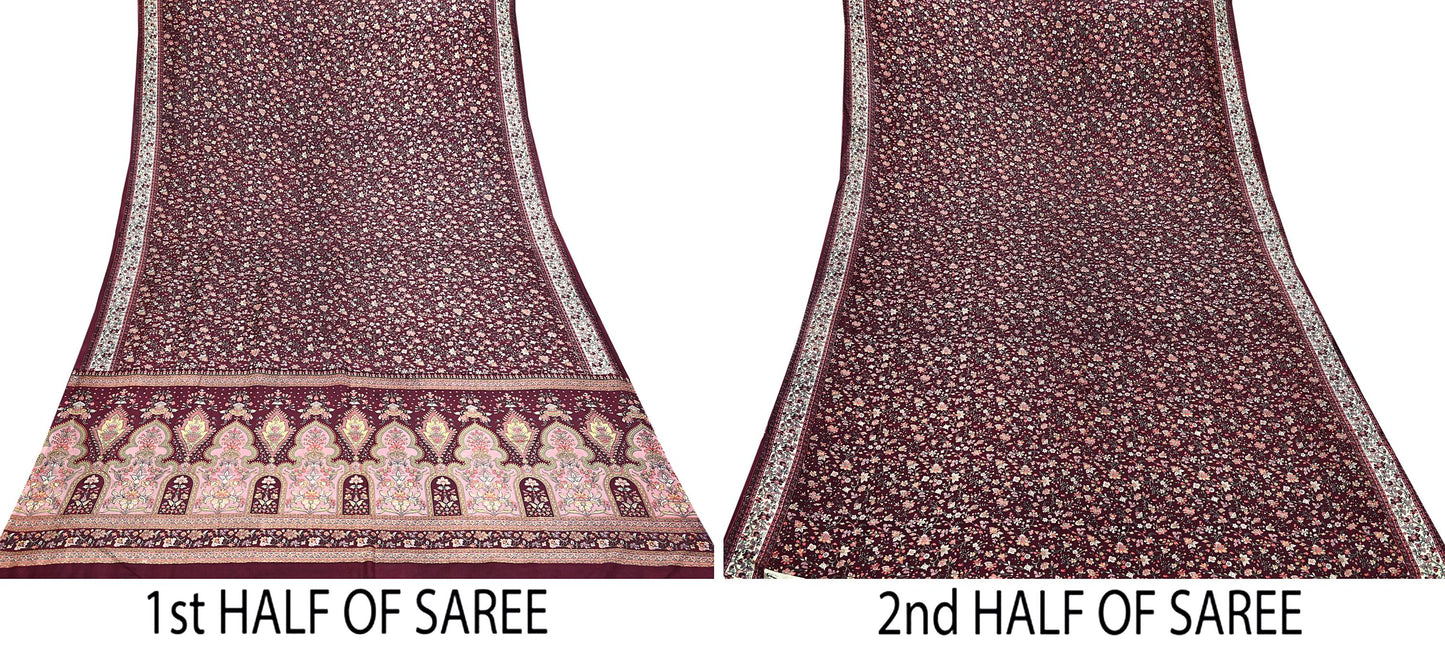 Indian Vintage Sari Maroon 100% Pure Silk Printed Sarees 5yd Craft Fabric Sewing Soft Dress Making Floral Quilting Crafting Upcycle Used
