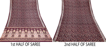 Indian Vintage Sari Maroon 100% Pure Silk Printed Sarees 5yd Craft Fabric Sewing Soft Dress Making Floral Quilting Crafting Upcycle Used