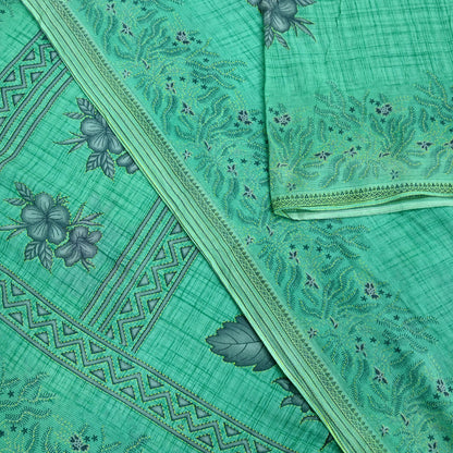 Indian Vintage Green Saree Printed Pure Cotton Sari Craft Fabric 5Yd Soft Sewing Sarong Wrap Boho Floral Upcycle Quilting For Crafting