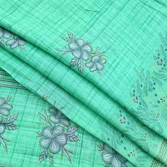 Indian Vintage Green Saree Printed Pure Cotton Sari Craft Fabric 5Yd Soft Sewing Sarong Wrap Boho Floral Upcycle Quilting For Crafting