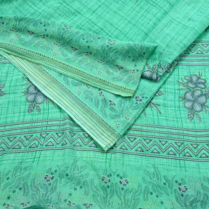 Indian Vintage Green Saree Printed Pure Cotton Sari Craft Fabric 5Yd Soft Sewing Sarong Wrap Boho Floral Upcycle Quilting For Crafting