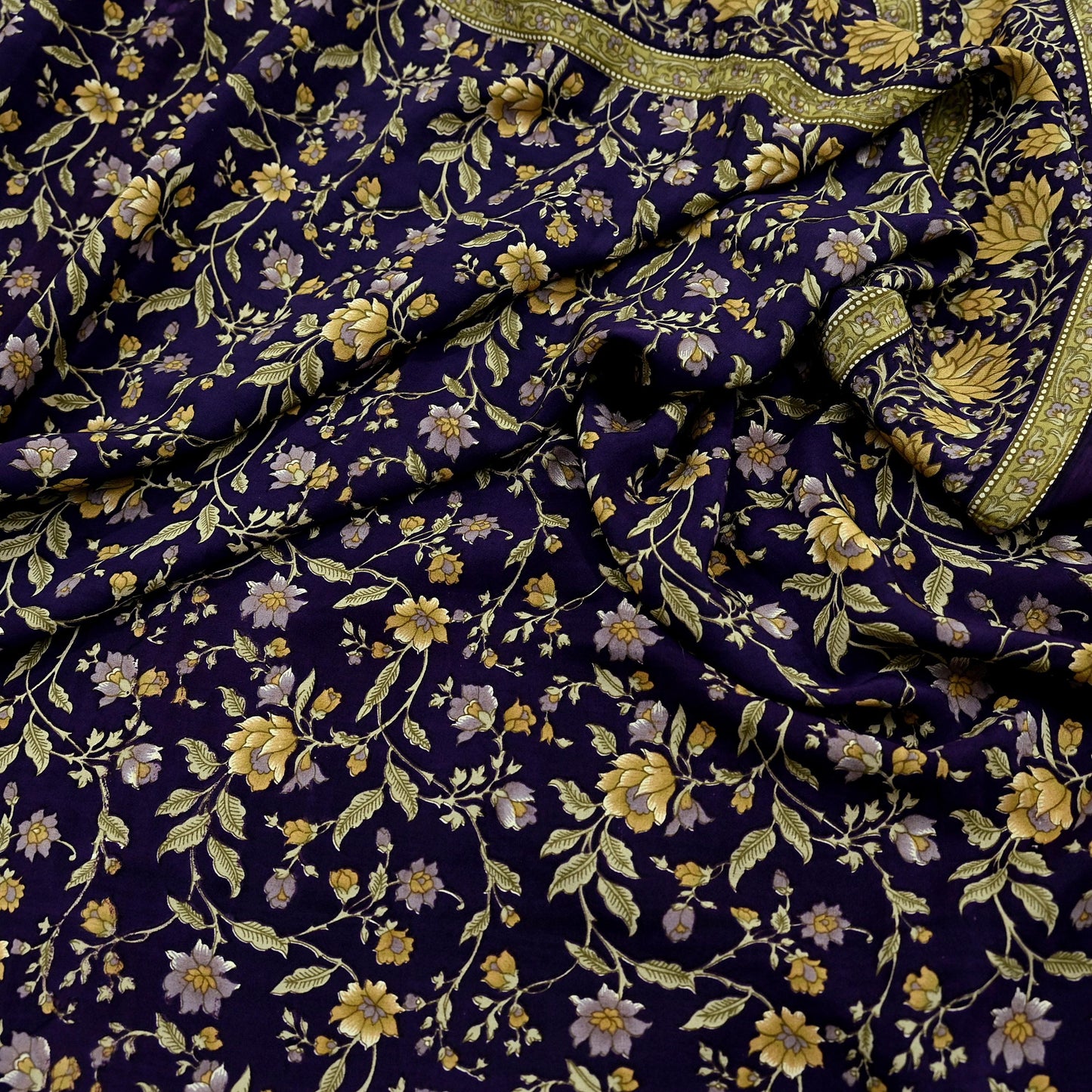 Indian Vintage Purple Saree Pure Crepe Silk Printed Sari Craft Fabric 5yd Sewing Floral Soft Wrap Dress making For Crafting Quilting