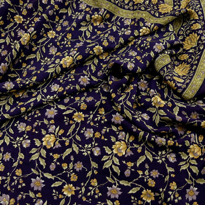 Indian Vintage Purple Saree Pure Crepe Silk Printed Sari Craft Fabric 5yd Sewing Floral Soft Wrap Dress making For Crafting Quilting