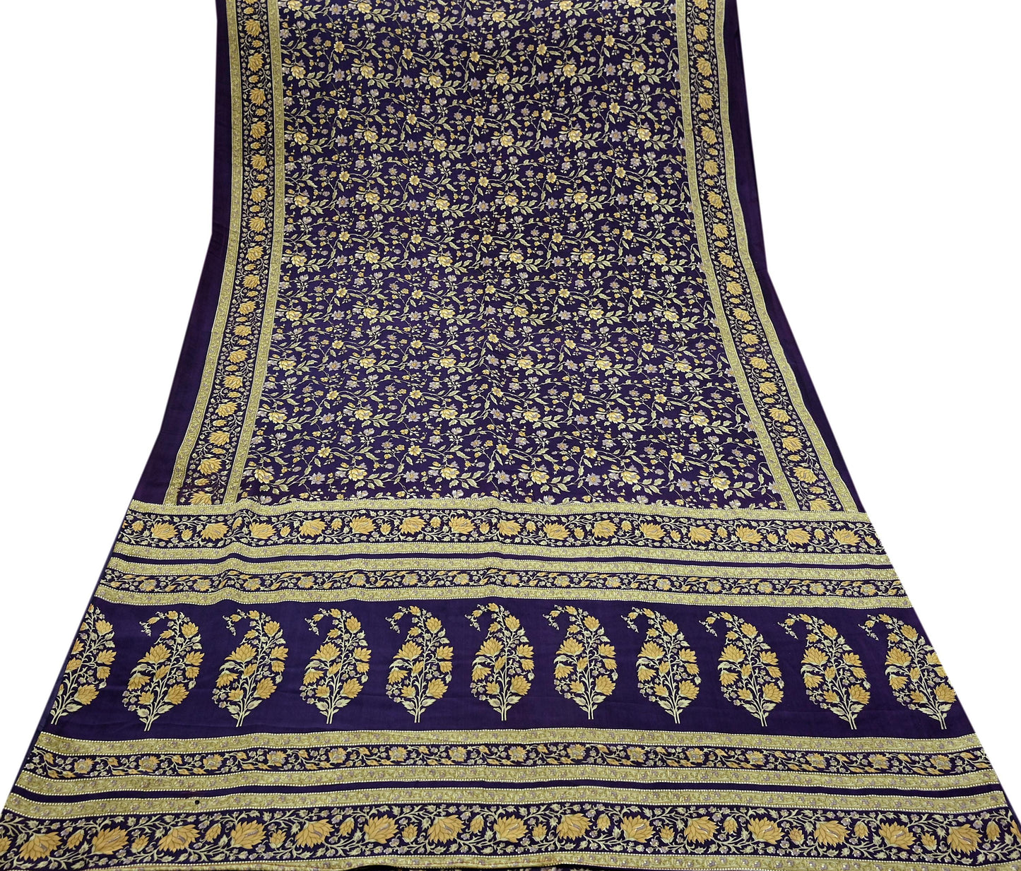 Indian Vintage Purple Saree Pure Crepe Silk Printed Sari Craft Fabric 5yd Sewing Floral Soft Wrap Dress making For Crafting Quilting