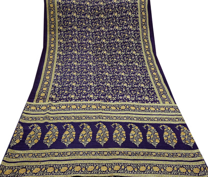 Indian Vintage Purple Saree Pure Crepe Silk Printed Sari Craft Fabric 5yd Sewing Floral Soft Wrap Dress making For Crafting Quilting