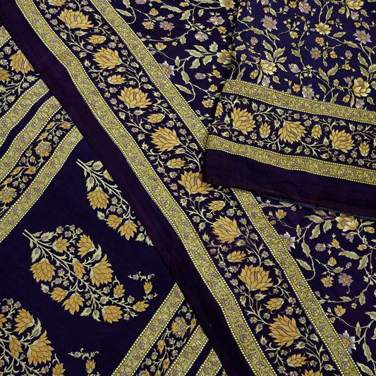 Indian Vintage Purple Saree Pure Crepe Silk Printed Sari Craft Fabric 5yd Sewing Floral Soft Wrap Dress making For Crafting Quilting