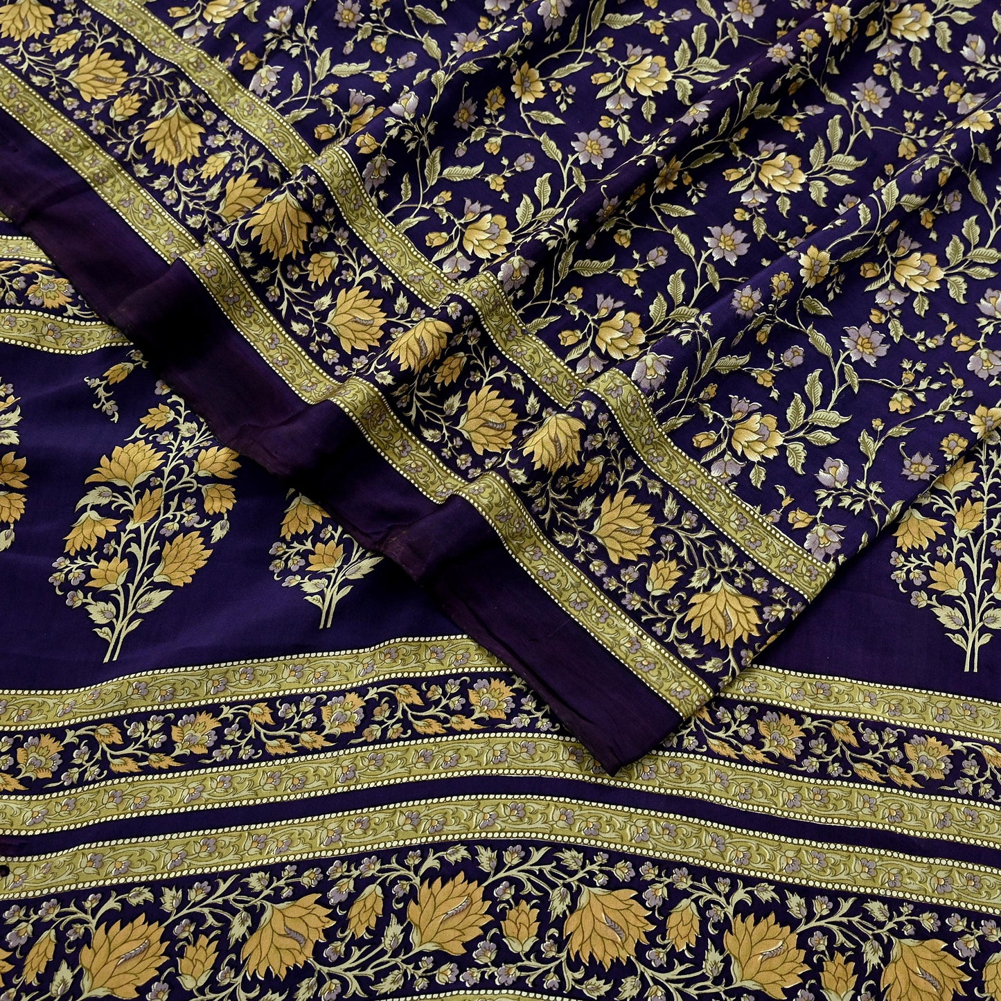 Indian Vintage Purple Saree Pure Crepe Silk Printed Sari Craft Fabric 5yd Sewing Floral Soft Wrap Dress making For Crafting Quilting