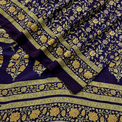 Indian Vintage Purple Saree Pure Crepe Silk Printed Sari Craft Fabric 5yd Sewing Floral Soft Wrap Dress making For Crafting Quilting