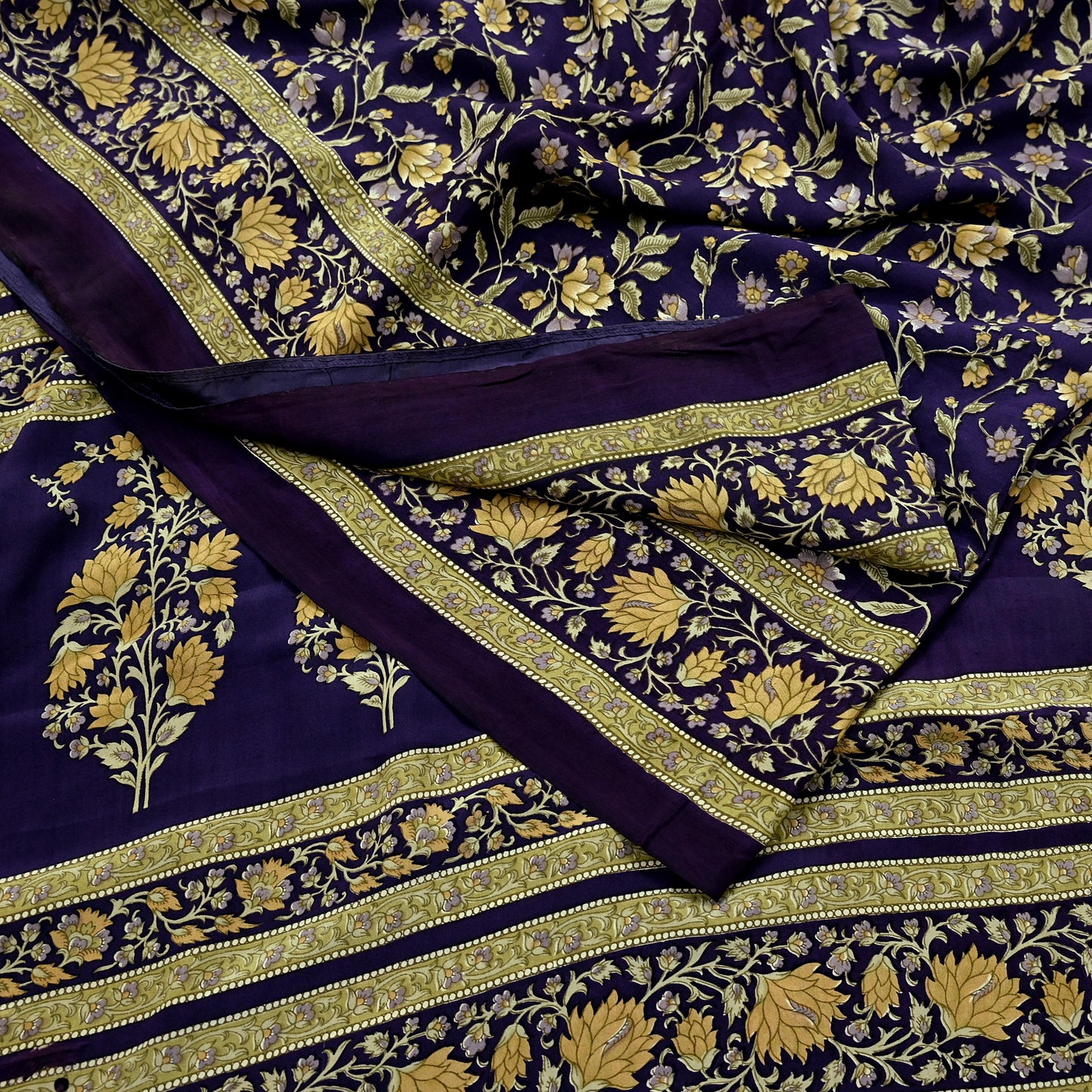 Indian Vintage Purple Saree Pure Crepe Silk Printed Sari Craft Fabric 5yd Sewing Floral Soft Wrap Dress making For Crafting Quilting
