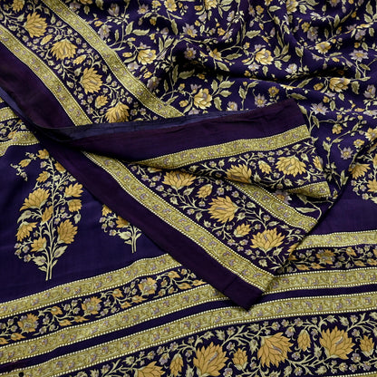 Indian Vintage Purple Saree Pure Crepe Silk Printed Sari Craft Fabric 5yd Sewing Floral Soft Wrap Dress making For Crafting Quilting