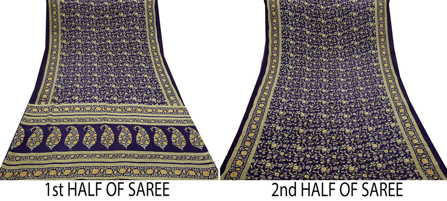 Indian Vintage Purple Saree Pure Crepe Silk Printed Sari Craft Fabric 5yd Sewing Floral Soft Wrap Dress making For Crafting Quilting