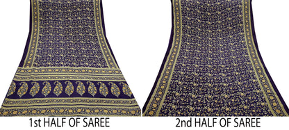 Indian Vintage Purple Saree Pure Crepe Silk Printed Sari Craft Fabric 5yd Sewing Floral Soft Wrap Dress making For Crafting Quilting