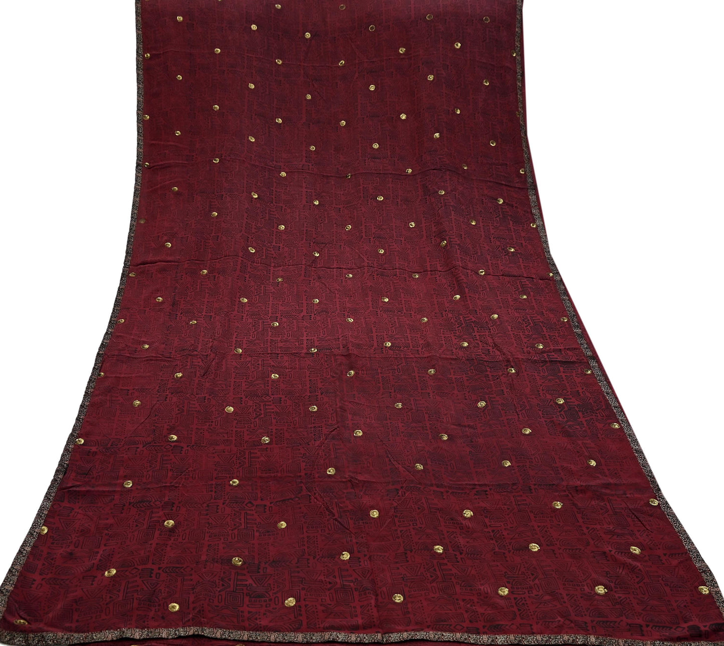 Indian Vintage Sari Maroon Pure Crepe Silk Hand Embroidered Saree 5yd Sewing Floral Craft Sequins Dress making Crafting Quilting