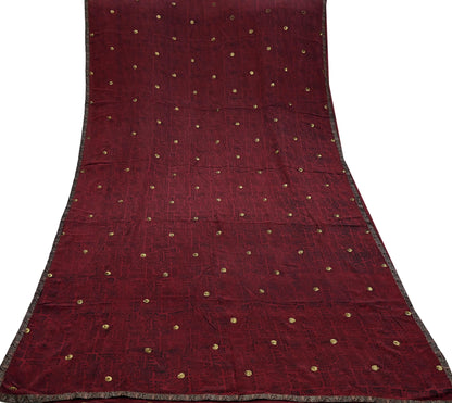 Indian Vintage Sari Maroon Pure Crepe Silk Hand Embroidered Saree 5yd Sewing Floral Craft Sequins Dress making Crafting Quilting
