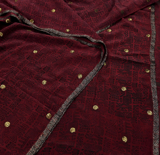 Indian Vintage Sari Maroon Pure Crepe Silk Hand Embroidered Saree 5yd Sewing Floral Craft Sequins Dress making Crafting Quilting