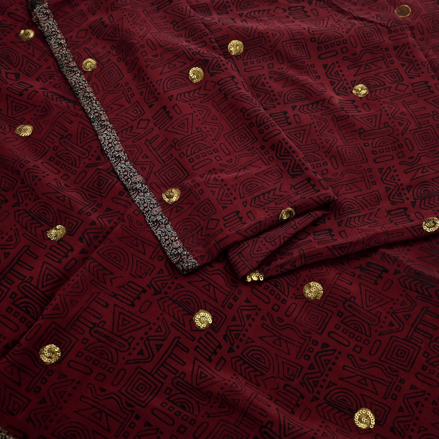 Indian Vintage Sari Maroon Pure Crepe Silk Hand Embroidered Saree 5yd Sewing Floral Craft Sequins Dress making Crafting Quilting