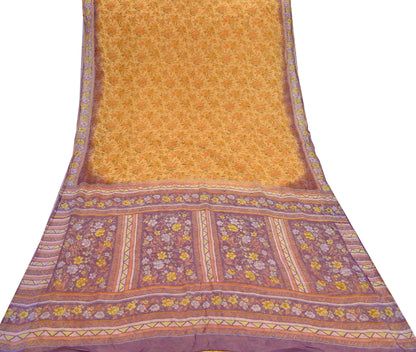 Indian Vintage Saffron & Purple Saree Pure Chiffon Silk Printed Sari Craft Fabric Sewing 5Yd Soft Light Sari Dress Making Floral
