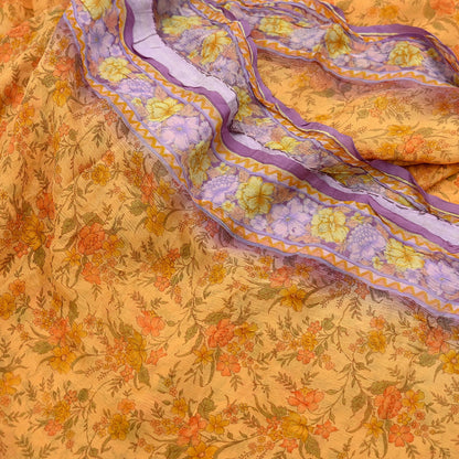 Indian Vintage Saffron & Purple Saree Pure Chiffon Silk Printed Sari Craft Fabric Sewing 5Yd Soft Light Sari Dress Making Floral