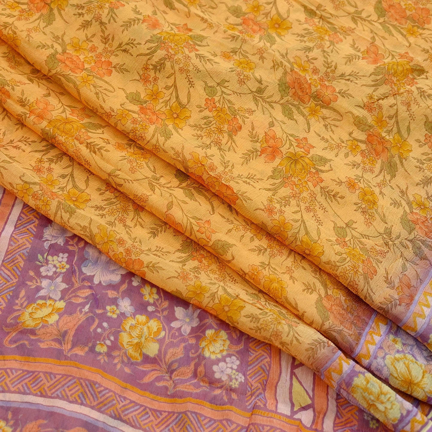Indian Vintage Saffron & Purple Saree Pure Chiffon Silk Printed Sari Craft Fabric Sewing 5Yd Soft Light Sari Dress Making Floral