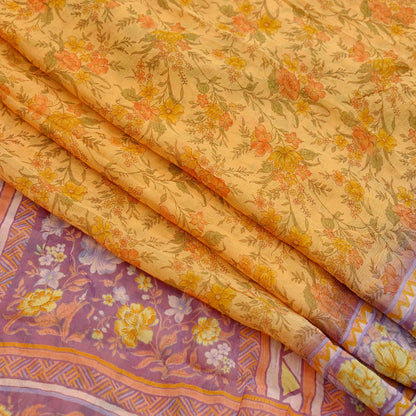 Indian Vintage Saffron & Purple Saree Pure Chiffon Silk Printed Sari Craft Fabric Sewing 5Yd Soft Light Sari Dress Making Floral