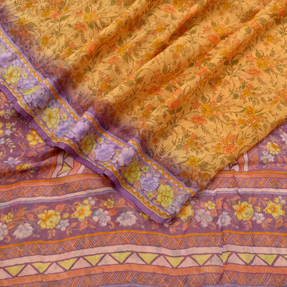 Indian Vintage Saffron & Purple Saree Pure Chiffon Silk Printed Sari Craft Fabric Sewing 5Yd Soft Light Sari Dress Making Floral