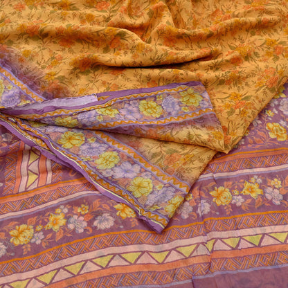 Indian Vintage Saffron & Purple Saree Pure Chiffon Silk Printed Sari Craft Fabric Sewing 5Yd Soft Light Sari Dress Making Floral