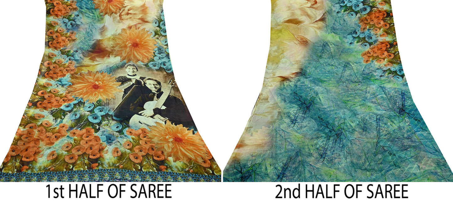 Indian Vintage Multi Saree Pure Georgette Silk Digital Printed Sari Sewing 5yd Craft Fabric Soft Floral Crafting Dress Making Quilting