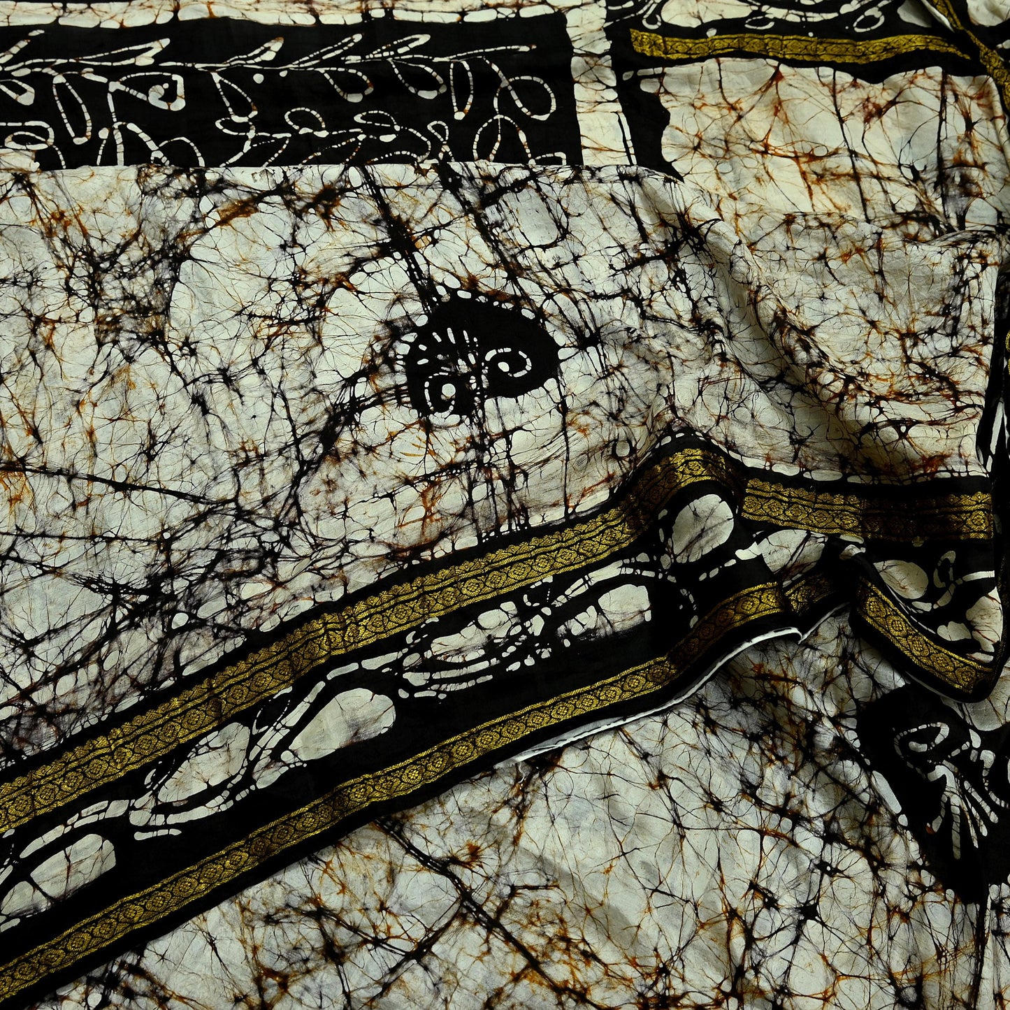 Indian Vintage Brown & Ivory Saree Batik Printed 100% Pure Silk Indian Sari Craft Soft Fabric 5Yard Sewing Sarong Wrap Boho Dress making