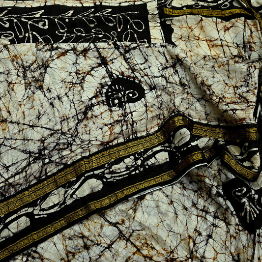 Indian Vintage Brown & Ivory Saree Batik Printed 100% Pure Silk Indian Sari Craft Soft Fabric 5Yard Sewing Sarong Wrap Boho Dress making