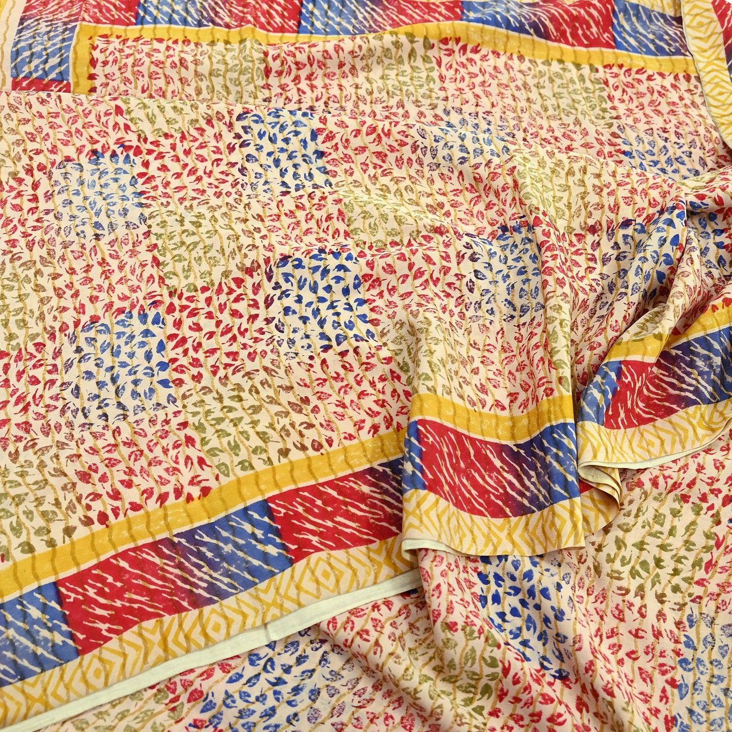 Indian Vintage Sari Beige Pure Crepe Silk Block Printed Sarees 6yd Sewing Floral Soft Craft Fabric Wrap Dress Making Crafting Quilting
