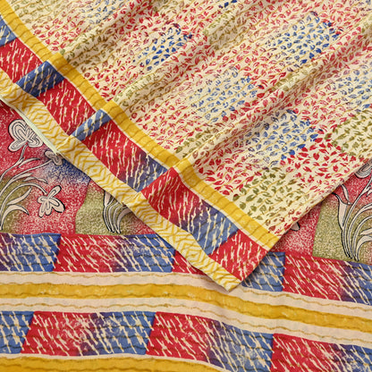 Indian Vintage Sari Beige Pure Crepe Silk Block Printed Sarees 6yd Sewing Floral Soft Craft Fabric Wrap Dress Making Crafting Quilting