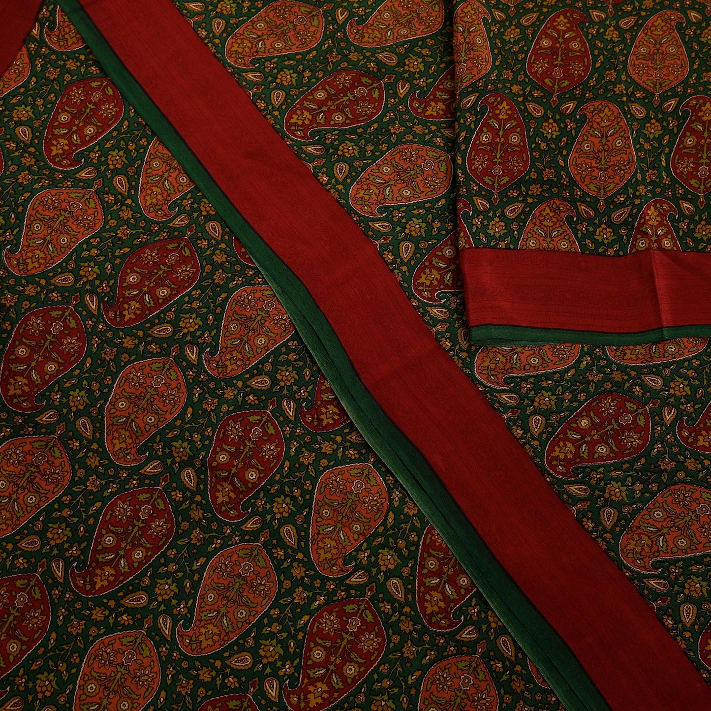 Indian Vintage Sari Green Pure Crepe Silk Printed Sarees 5yd Sewing Soft Craft Fabric Wrap Upcycle Quilting Crafting Dress making paisley