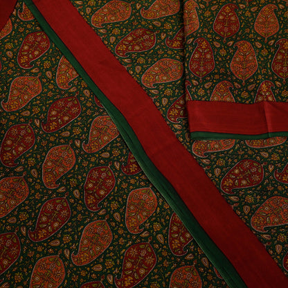 Indian Vintage Sari Green Pure Crepe Silk Printed Sarees 5yd Sewing Soft Craft Fabric Wrap Upcycle Quilting Crafting Dress making paisley