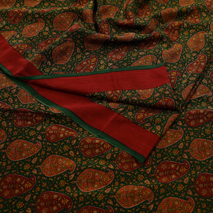 Indian Vintage Sari Green Pure Crepe Silk Printed Sarees 5yd Sewing Soft Craft Fabric Wrap Upcycle Quilting Crafting Dress making paisley