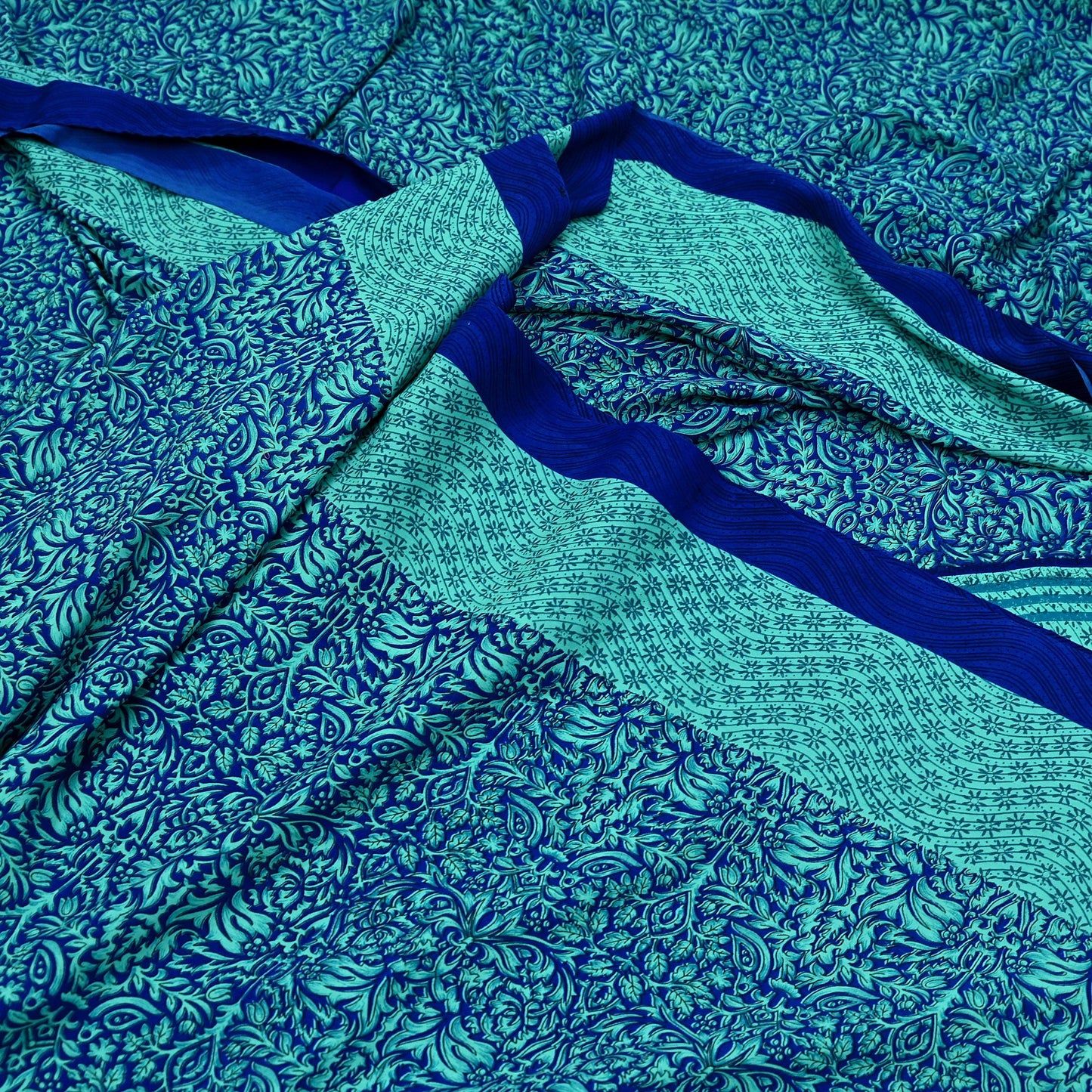 Indian Vintage Green & Blue Saree Moss Crepe Printed Sari 5yd Sewing Paisley Soft Craft Fabric Dressmaking Quilting Crafting Upcycle