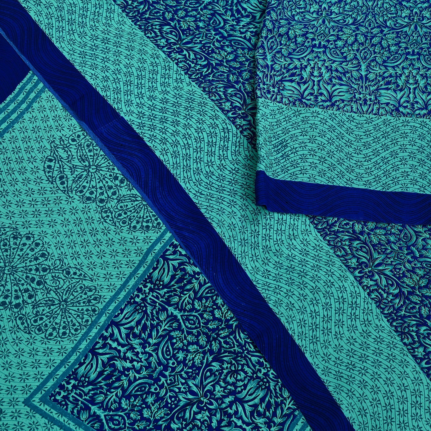 Indian Vintage Green & Blue Saree Moss Crepe Printed Sari 5yd Sewing Paisley Soft Craft Fabric Dressmaking Quilting Crafting Upcycle