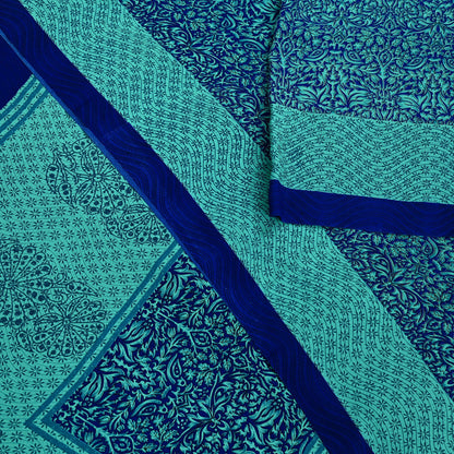 Indian Vintage Green & Blue Saree Moss Crepe Printed Sari 5yd Sewing Paisley Soft Craft Fabric Dressmaking Quilting Crafting Upcycle