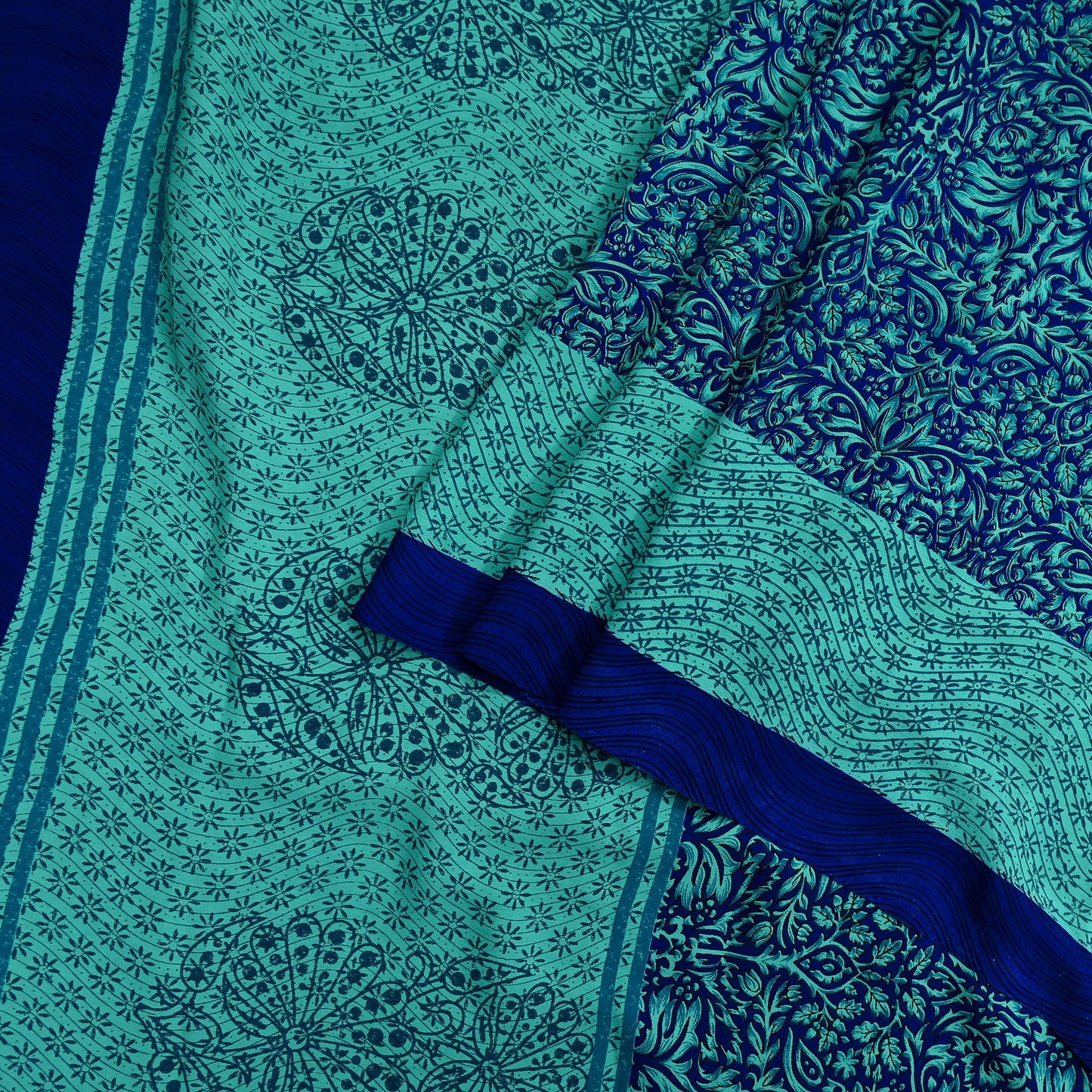 Indian Vintage Green & Blue Saree Moss Crepe Printed Sari 5yd Sewing Paisley Soft Craft Fabric Dressmaking Quilting Crafting Upcycle