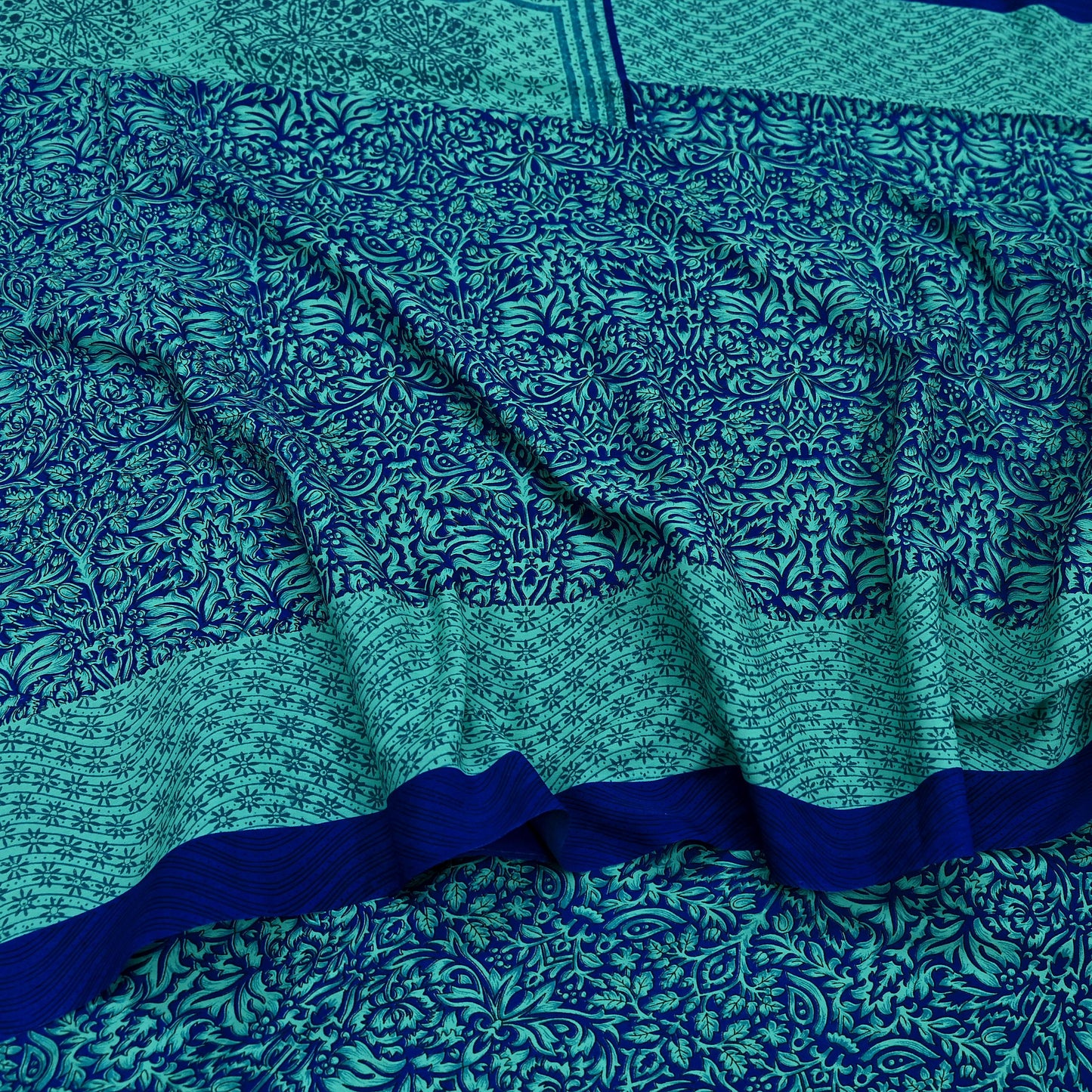 Indian Vintage Green & Blue Saree Moss Crepe Printed Sari 5yd Sewing Paisley Soft Craft Fabric Dressmaking Quilting Crafting Upcycle