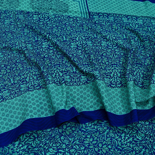 Indian Vintage Green & Blue Saree Moss Crepe Printed Sari 5yd Sewing Paisley Soft Craft Fabric Dressmaking Quilting Crafting Upcycle