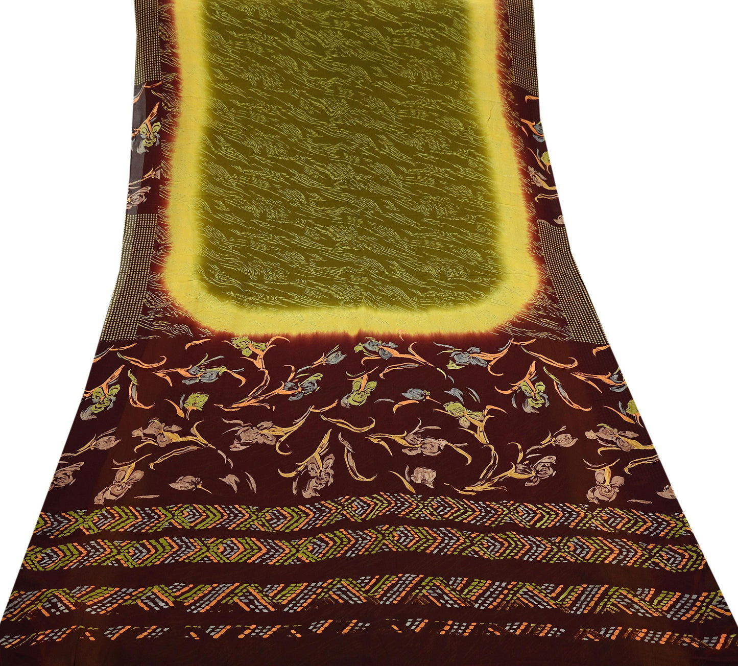 Women Vintage Sari Green & Brown Pure Georgette Silk Printed Saree Craft Fabric Sewing 5Yard Soft Light Dress Making Floral